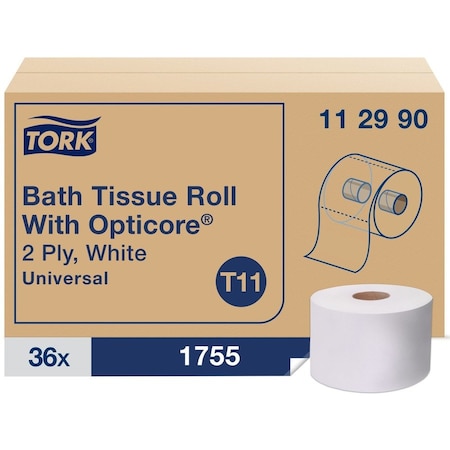 Tork Tork OptiCore Mid-size Toilet Paper Roll White T11, Universal, 1-ply, 36 x 1755 sheets, 112990, PK36 112990