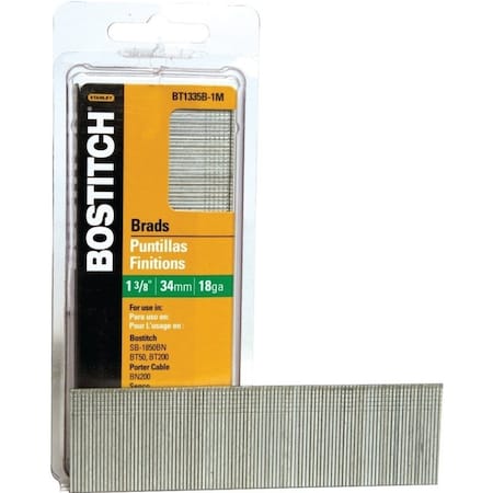 Bostitch Nail, 1-3/8 in L, 18 Gauge, Steel, Coated, Brad Head, Smooth Shank, 1000PK BT1335B-1M