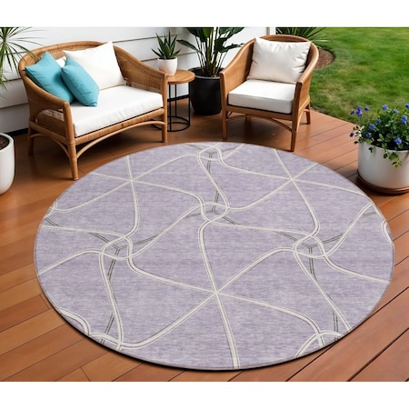 Homeroots 8' Lavender And Ivory Round Geometric Washable Indoor Outdoor Area Rug 612883