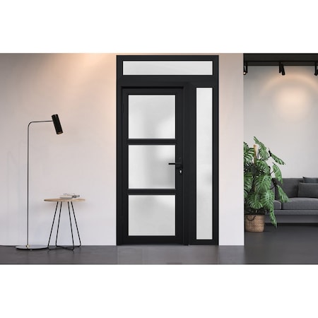 Vdomdoors Front Exterior Prehung FiberGlass Door Frosted Glass / Manux 8552 Matte Black / Sidelight and Trans MANUX8552EXD-BLK-W36+16 x H80+14-RH