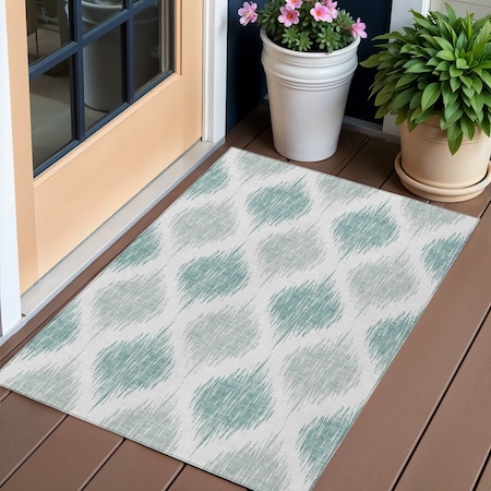 Homeroots 3' X 5' Aqua Teal Blue And Ivory Ikat Washable Indoor Outdoor Area Rug 589068