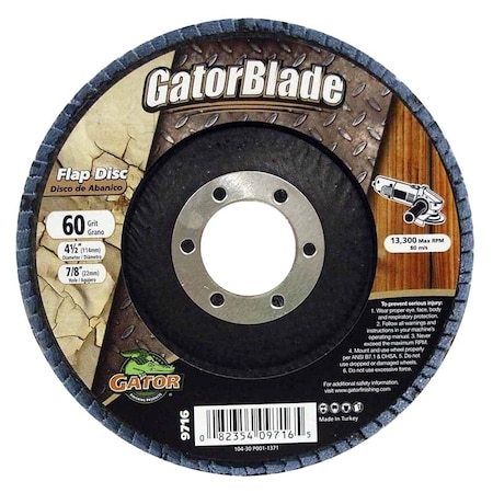 Ali GatorBlade Flap Disc, 4-1/2 in Dia, 7/8 in Arbor, 60 Grit, Zirconium Oxide Abrasive 9716