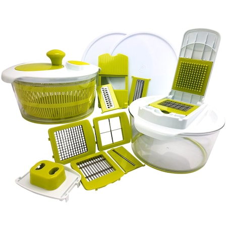 Megachef 10-in-1 Multi-Use Salad Slicer with Interchangeable Blades and Storage Lids MGSALAD-SPINNER-MULTI-SLCRDCR