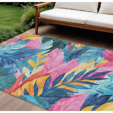 Homeroots 10' X 14' Sky Blue And Pink Floral Washable Indoor Outdoor Area Rug 611131