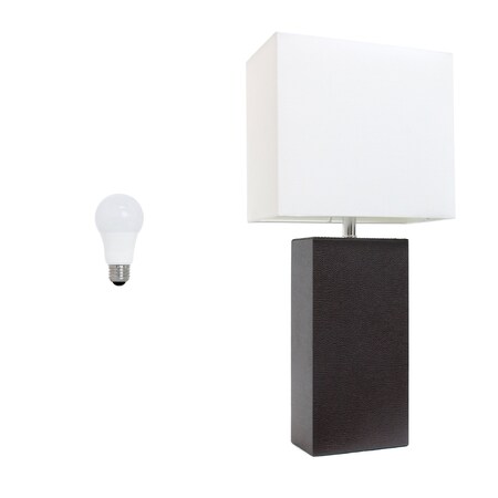 Homeroots 21" Espresso Faux Leather Table Lamp LED With White Shade 642956