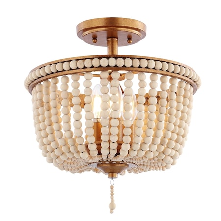 Jonathan Y Allie 14" 3-Light Bohemian Farmhouse Wood Bead/Iron LED Semi Flush Mount, Antique Gold/Light Taupe JYL9020C