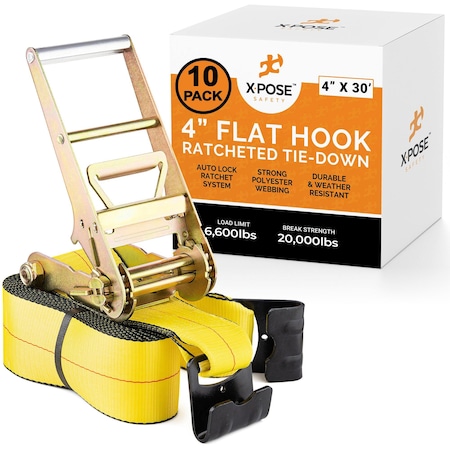 Xpose Safety Heavy Duty Ratchet Straps with Flat Hooks Yellow 4in x 30ft for Heavy Duty Use, 10PK RTD430-FH-10-X-S