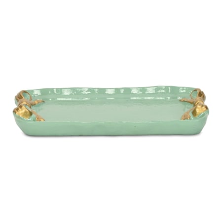 Homeroots 8in Aqua And Gold Cast Iron Ribbons Vanity Tray 634800