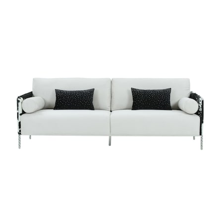 Homeroots 89" White Sofa And Toss Pillows With Silver Legs 488833