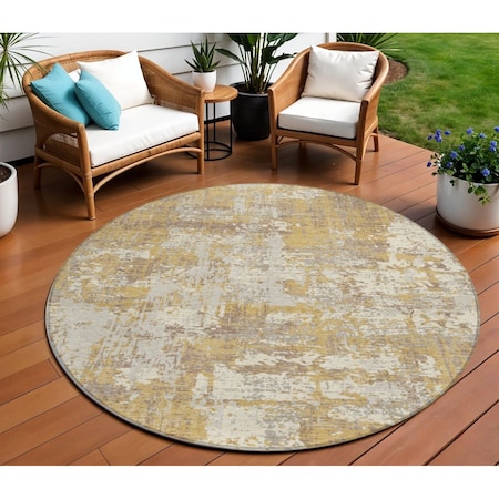 Homeroots 8' Gold Brown And Beige Round Abstract Washable Indoor Outdoor Area Rug 597964