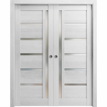 Sartodoors Sliding French Double Pocket Doors Frosted Glass Grey 60x96 (2* 30x96) Solid Core Modern Interior QUADRO4088DP-OAK-6096
