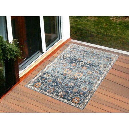 Homeroots 2' X 3' Blue and Orange Floral Stain Resistant Indoor Outdoor Area Rug 531504