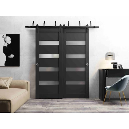 Sartodoors Sliding Closet Barn Bypass Doors 84 x 96in, Quadro 4113 Matte Black Frosted Glass, Sturdy 8ft Rails QUADRO4113BBB-BLK-8496