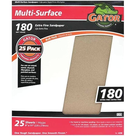 Gator 3261 Sanding Sheet, 11 in L, 9 in W, 180 Grit, Extra Fine, Aluminum Oxide Abrasive 4206