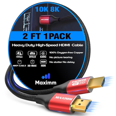 Maximm 2ft 8K 60Hz 48Gbps HDMI 2.1 Braided Cable, Red KIT-8K-HDMI-2FT-RD1PK