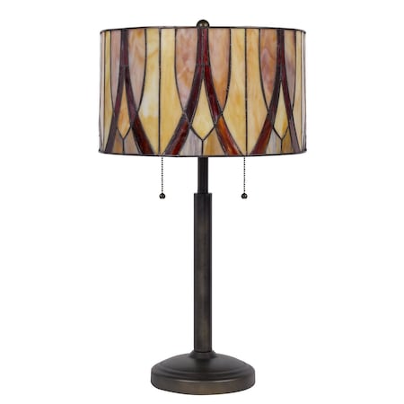 Homeroots 24" Bronze Metal Two Light Table Lamp With Red And Ivory Drum Shade 524748