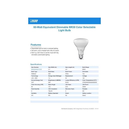 Feit Electric LED Light Bulb BR30 E26 (Medium) Tunable White/Color Changing 65 Watt Equivalence White BR30DM/6WYCA/2