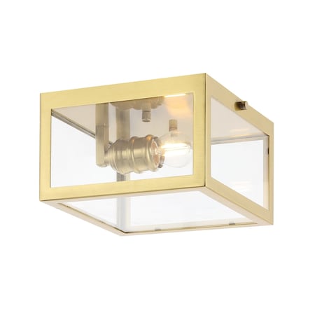Jonathan Y Grayson 8" 1-Light Farmhouse Industrial Square Iron/Glass Case LED Flush Mount, Brass Gold JYL9553C