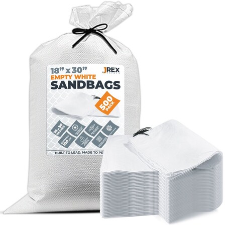 Jrex Safety Woven White Polypropylene Sandbags - 18 x 30 in, 100 lb Capacity, 500PK SBW-JR-1830-500PK