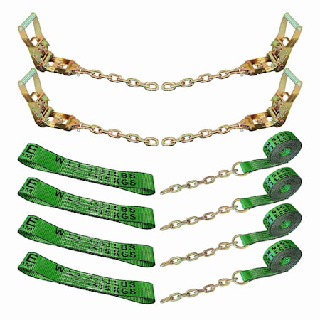 Tie 4 Safe 8 Point Roll Back Tie Down Kit w/ Chain Ends for Car Hauler Carrier Tow Truck. Green RT04CK-715-516-8P-14-GR
