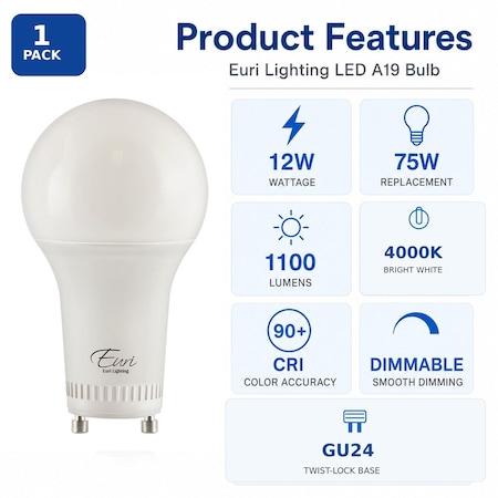 Euri Lighting A19 LED Bulb, 12W, 1100 lm, 75W Eq., 4000K, GU24, CEC/JA8/Title 24, UL EA19-12W5040CG