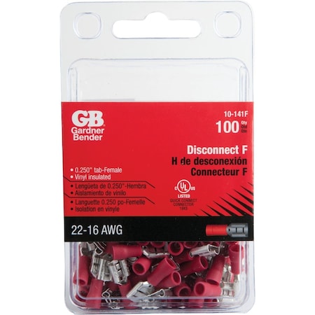 Gardner Bender 22 to 16 AWG Female Red Vinyl-Insulated Barrel Disconnect, 100PK 10-141F