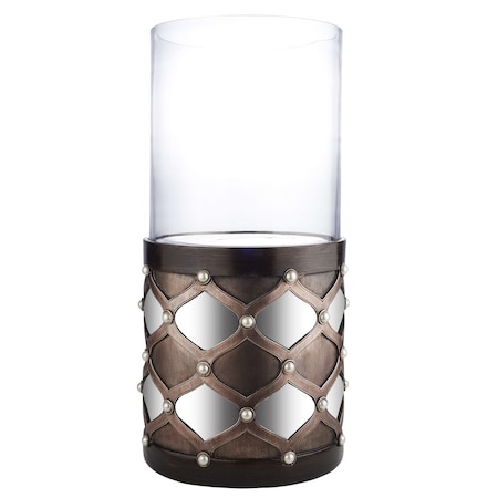 Homeroots 22" Bronze and Silver with Pearls Tabletop Hurricane Candle Holder 468842