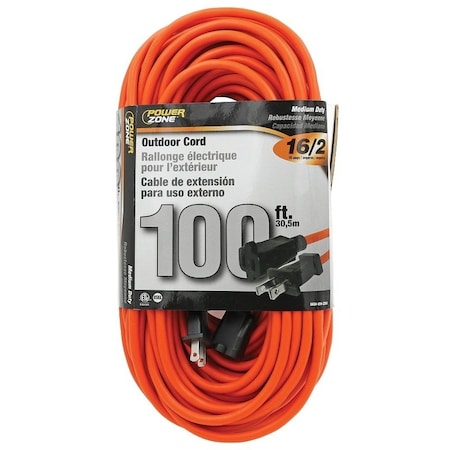 Powerzone SJTW Extension Cord, 16 AWG, Outdoor, 16/2, 1 Outlets, Orange, 100 ft OR481635