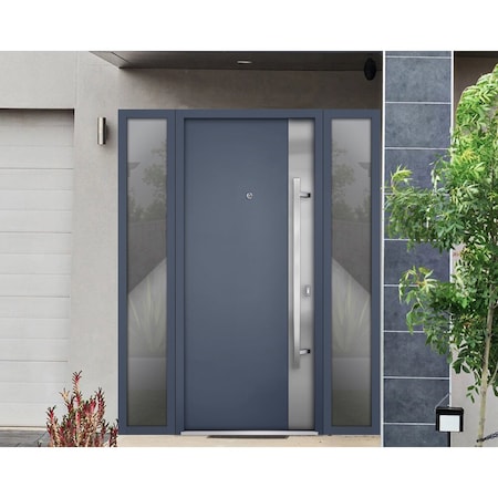 Vdomdoors Steel Door Deux 0729 Gray Graphite 2 Sidelight Exterior Windows Stainless Inserts Single Modern Pai DEUX0729EXD-GRE-W14+36+14 x H80-Left-hand Inswing