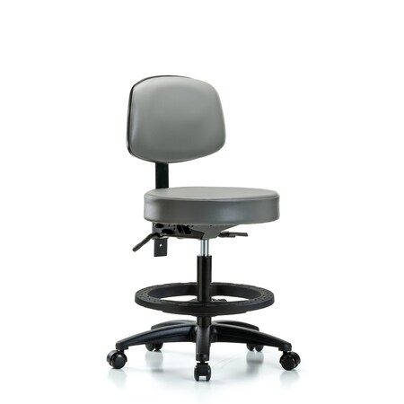 Blue Ridge Ergonomics Vinyl Stool, Back, Med Bench, Tilt, Foot Ring, Casters, Sterling BR-VMBST-RG-T1-BF-RC-8840