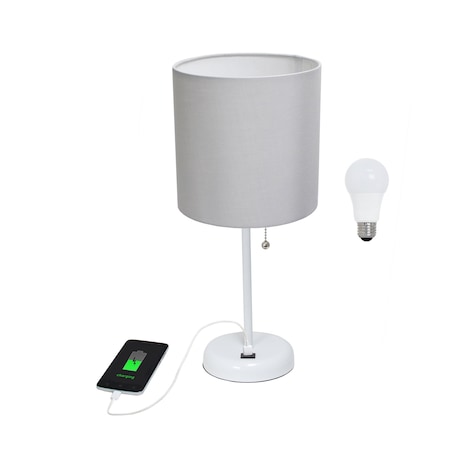 Homeroots 20" White Metal USB Table Lamp LED With Gray Drum Shade 643235
