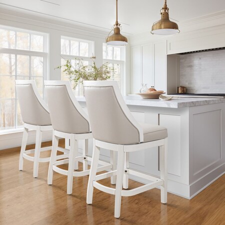 Homeroots 26" Gray And White Faux Leather And Solid Wood Counter Height Swivel Bar Chair 550091