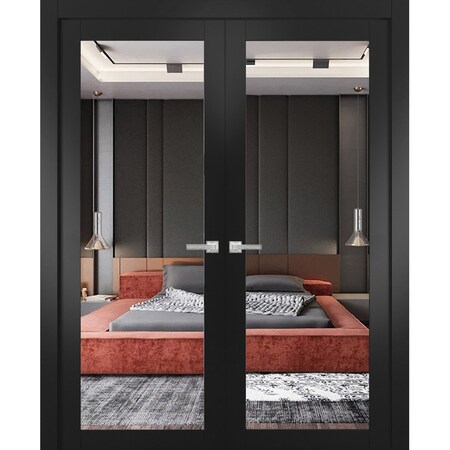 Sartodoors Solid French Double Doors, Lucia 1299 Matte Black, Wood Solid Panel Frame Trims, Closet Bedroom S LUCIA1299DD-BLK-3684