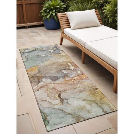 Homeroots 2' X 8' Gray and Gold Abstract Washable Non Skid Indoor Outdoor Area Rug 559160