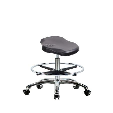 Blue Ridge Ergonomics Poly Ray Stool Chrome - Medium Bench Height with Chrome Foot Ring & Chrome Casters in Black Poly PRPMBSL-CR-CF-CC-BLK