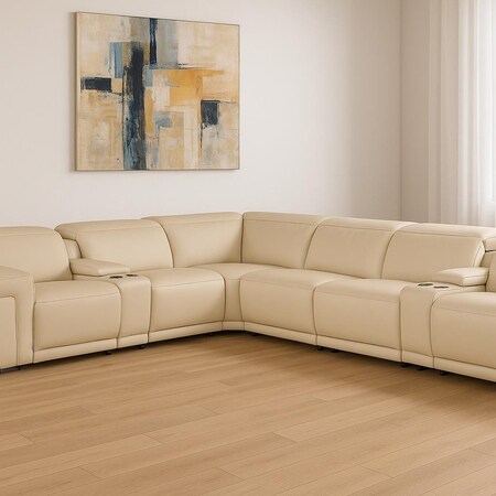 Homeroots Beige Italian Leather Modular L Shaped Eight Piece Corner Sectional With Console 534850