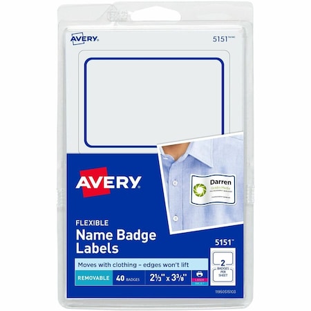 Avery Flexible Self-Adhesive Laser/Inkjet Name Badge Labels, 2-1/3in x 3-3/8in, BE, 40/PK 5151
