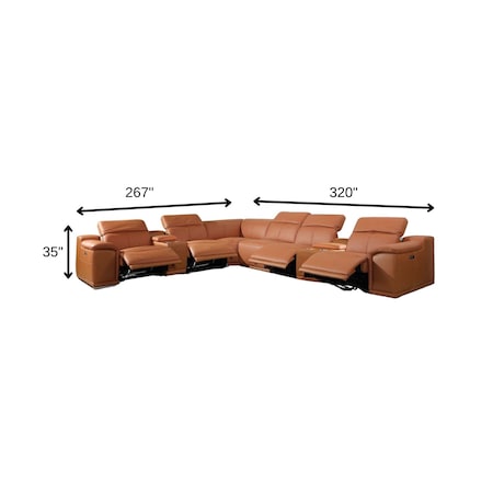 Homeroots Camel Italian Leather Power Reclining U Shaped Eight Piece Corner Sectional With Console 366355