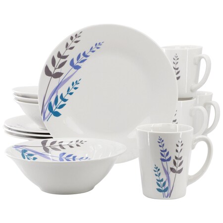 Gibson Home Blue Leaves 12 Piece Round Fine Ceramic Decorated Dinnerware Set in White 142755.12