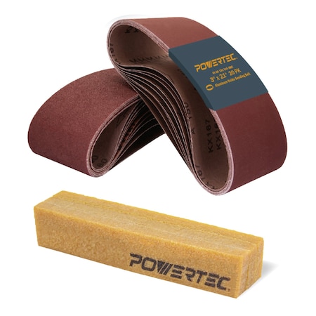 Powertec Sanding Belt Assortment, 3inx21in, A/O, 5 EA of 40/80/120/240 Grit, 20PK & Abrasive Cleaning Stick 110452N