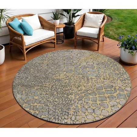 Homeroots 8' Gold And Gray Round Abstract Washable Indoor Outdoor Area Rug 596796