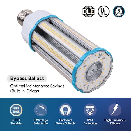 Euri Lighting LED Corn Bulb, 36/54/63W, 9513 lm, 175W MHL Eq., 3CCT, E39, 100-277V, UL/DLC/RoHS ECB63W-303sw