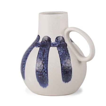 Homeroots 10" White And Blue Abstract Ceramic Amphora Jug Vase 608600