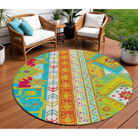 Homeroots 8' Teal Blue Green And Pink Round Aztec Washable Indoor Outdoor Area Rug 598522