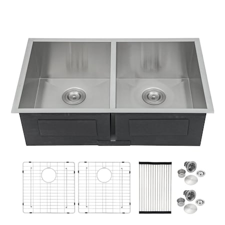 Wrightmaster 33 in. Undermount 16-Gauge Double Bowl Stainless Steel Kitchen Sink w/Bottom Grids, Rolling-Up Rack ZOR-U33199A2-55