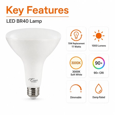 Euri Lighting BR40 LED Flood Bulb, 11W, 1000 lm, 75W Eq., 3000K, E26, Dimmable, CEC/JA8, UL EB40-11W5000cec