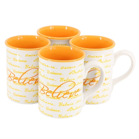 Gibson Home Inspirational Words Believe 4 Piece 16 Ounce Stoneware Mug Set in Orange 142553.01