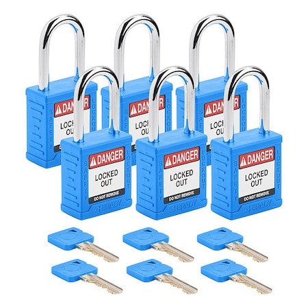 Brady Padlock, Keyed Alike, Nylon, Blue, 1 1/2 in Shackle Height, 1 1/2 in Body Width, 6 No. of Keys SDPL-BLU-38ST-KA6