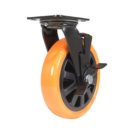Vestil Polyurethane Swivel With Brake Caster 8 In. Diameter x 2 In. Width 902 lb Orange/Black CST-BN-8X2PUP-SWB