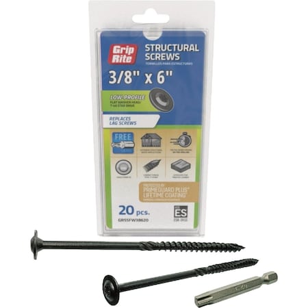 Grip-Rite PrimeGuard Plus 3/8''x6'' Flat Washer Head Structure Screw, 20-Count GRSSFW38620